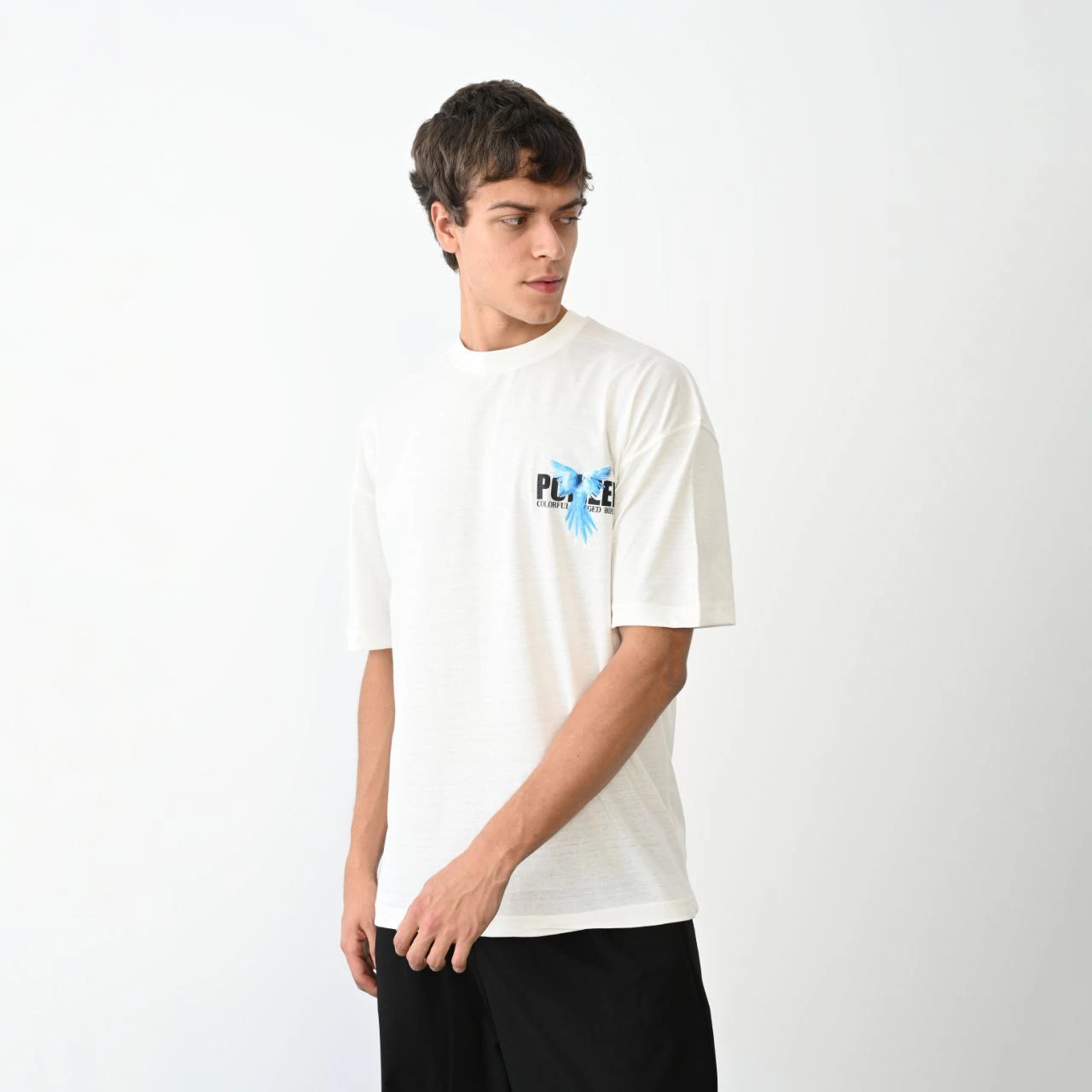 Bisiklet Yaka Baskılı Oversize T-Shirt - Beyaz -