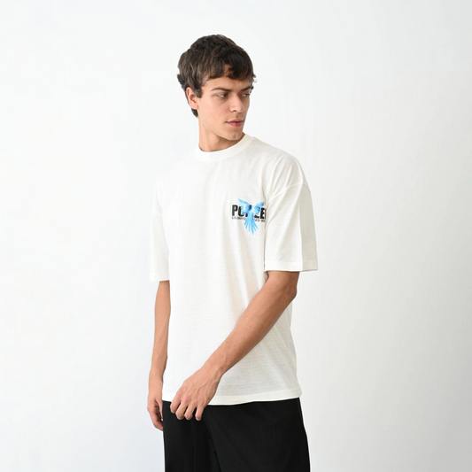 Bisiklet Yaka Baskılı Oversize T-Shirt - Beyaz -