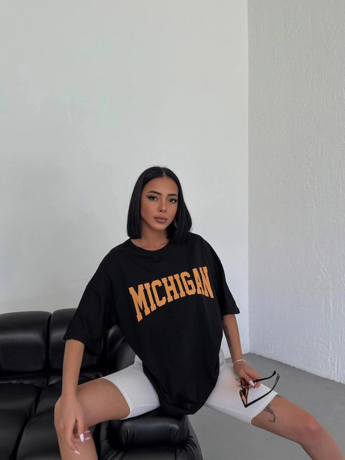 Bisiklet Yaka Baskılı Oversize T-Shirt - Siyah -