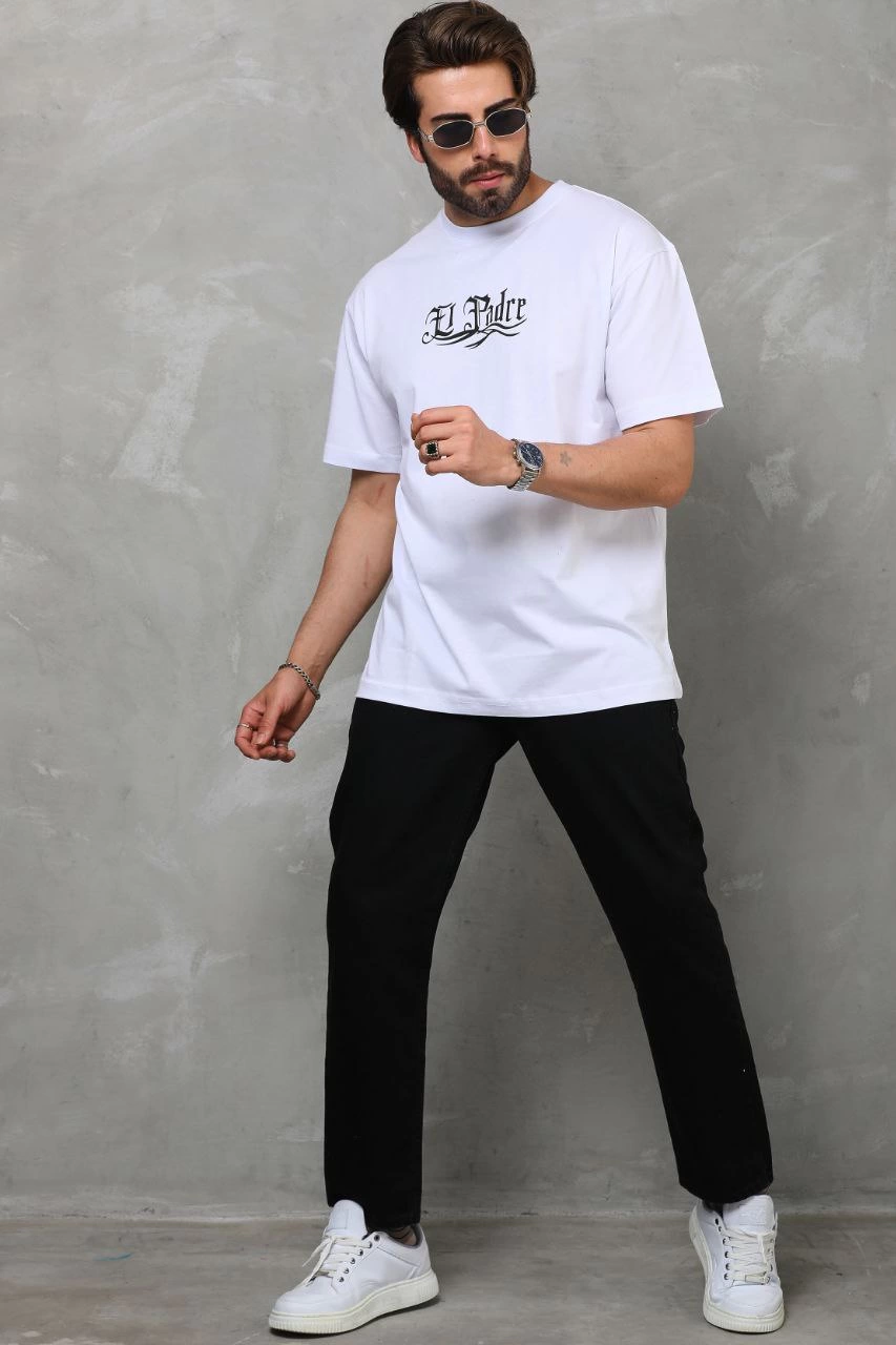 Bisiklet Yaka Baskılı Oversize T-Shirt - Beyaz -