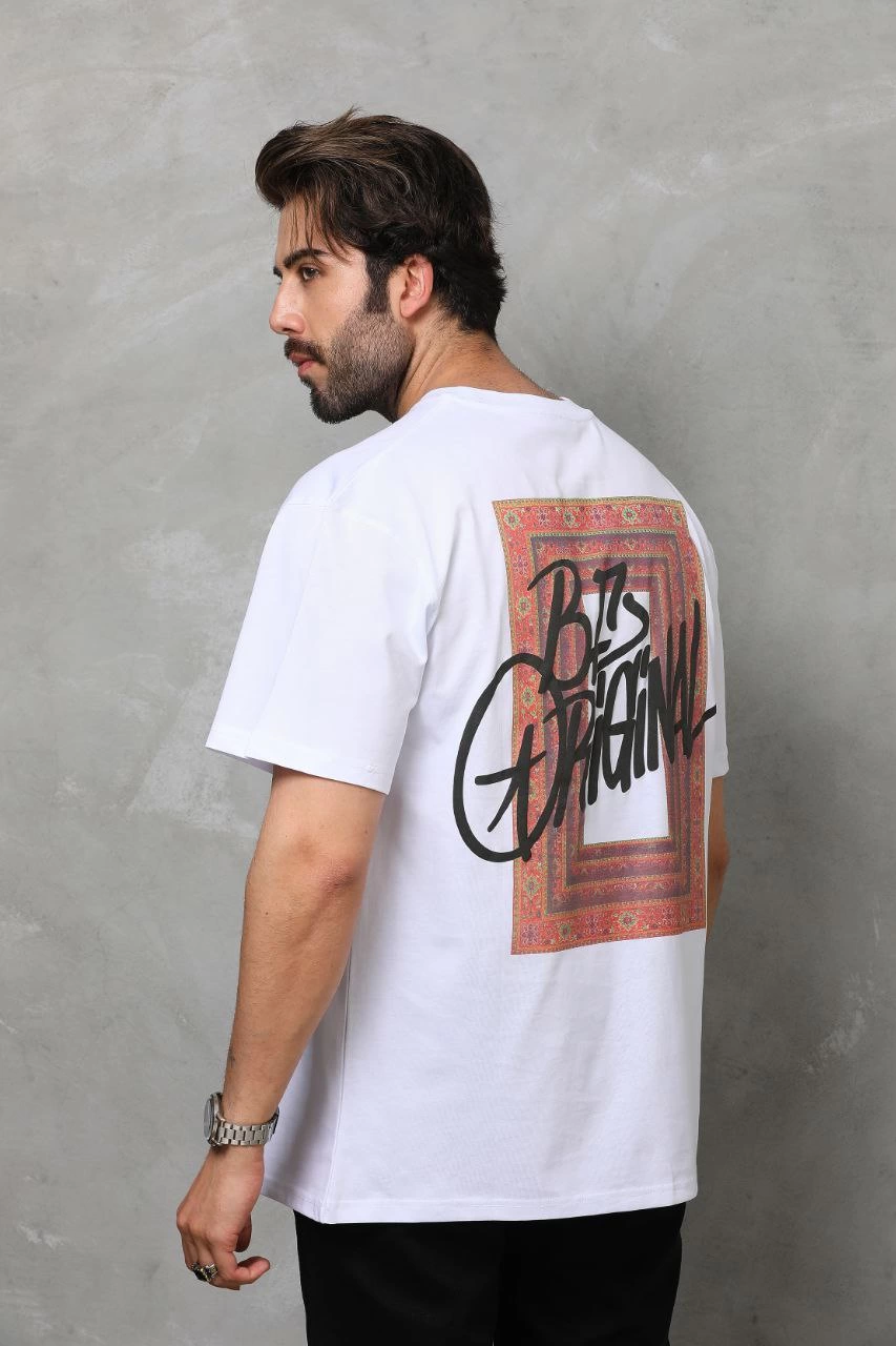 Bisiklet Yaka Baskılı Oversize T-Shirt - Beyaz -