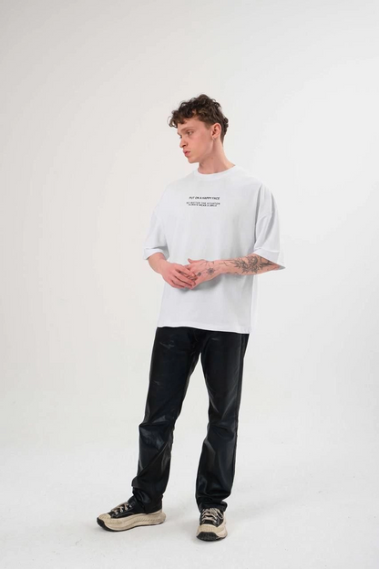 Bisiklet Yaka Baskılı Oversize T-Shirt - Beyaz -
