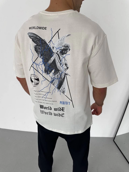 Bisiklet Yaka Baskılı Oversize T-Shirt - Beyaz -