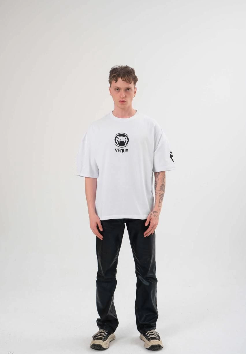 Bisiklet Yaka Baskılı Oversize T-Shirt - Beyaz -