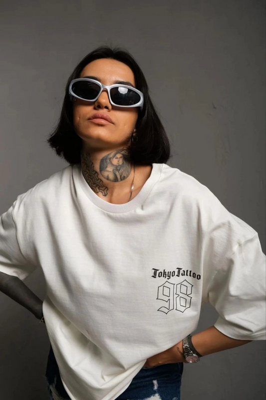 Bisiklet Yaka Baskılı Oversize T-Shirt - Beyaz -