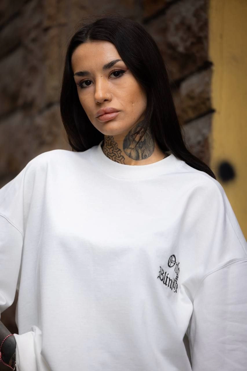 Bisiklet Yaka Baskılı Oversize T-Shirt - Beyaz -