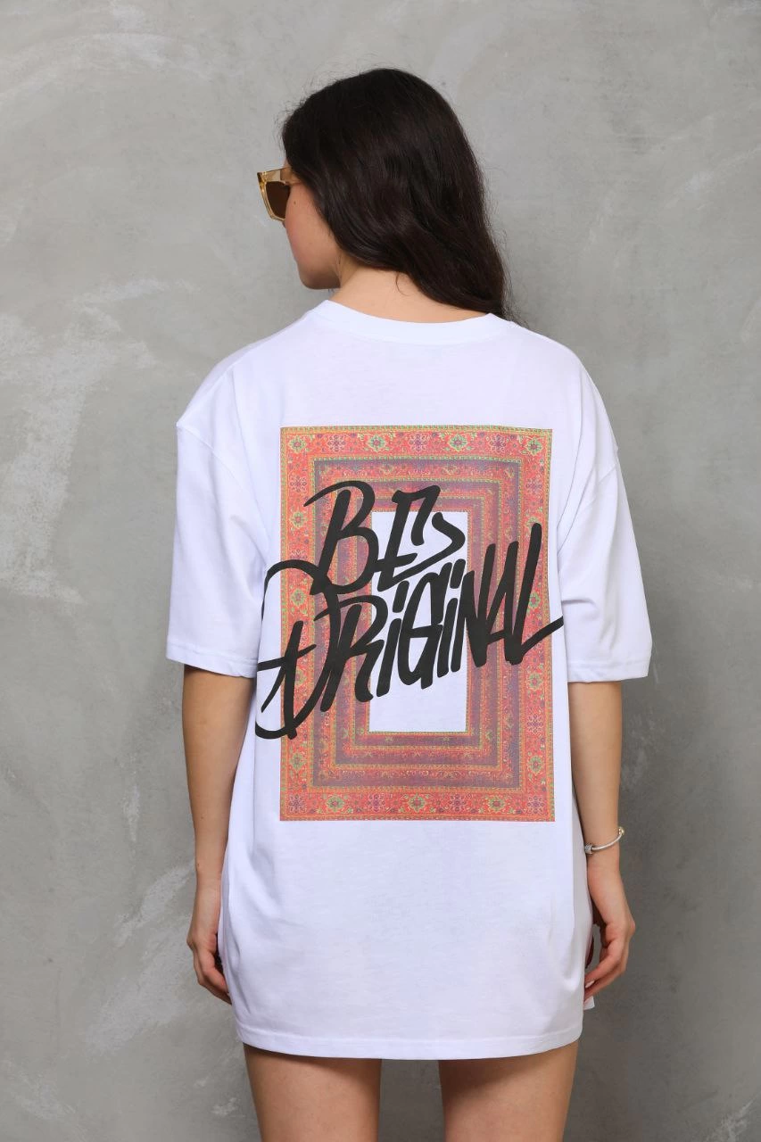 Bisiklet Yaka Baskılı Oversize T-Shirt - Beyaz -