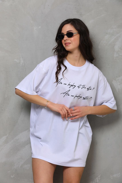 Bisiklet Yaka Baskılı Oversize T-Shirt - Beyaz