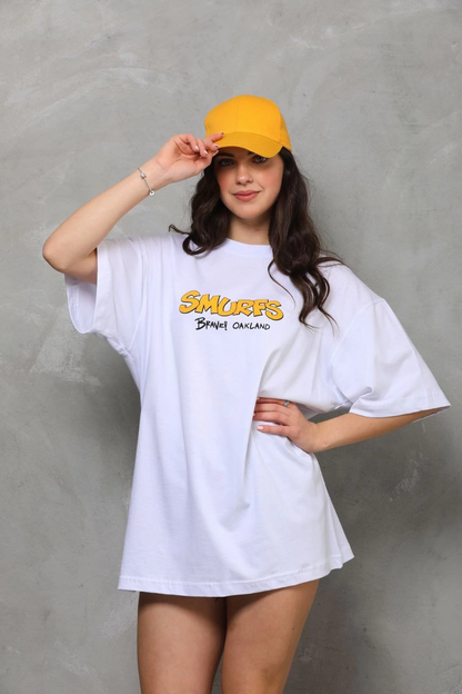 Bisiklet Yaka Baskılı Oversize T-Shirt - Beyaz -