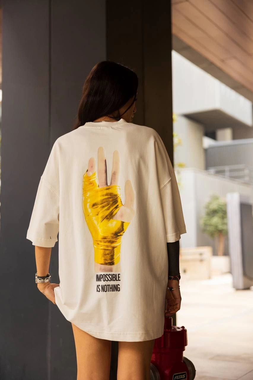 Bisiklet Yaka Baskılı Oversize T-Shirt - Beyaz -