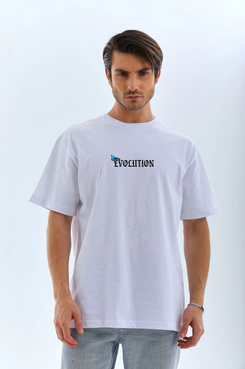 Bisiklet Yaka Baskılı Oversize T-Shirt - Beyaz -