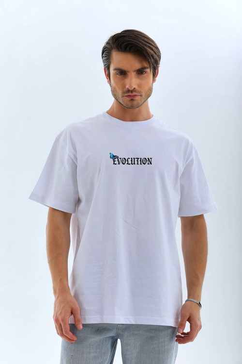 Bisiklet Yaka Baskılı Oversize T-Shirt - Beyaz -