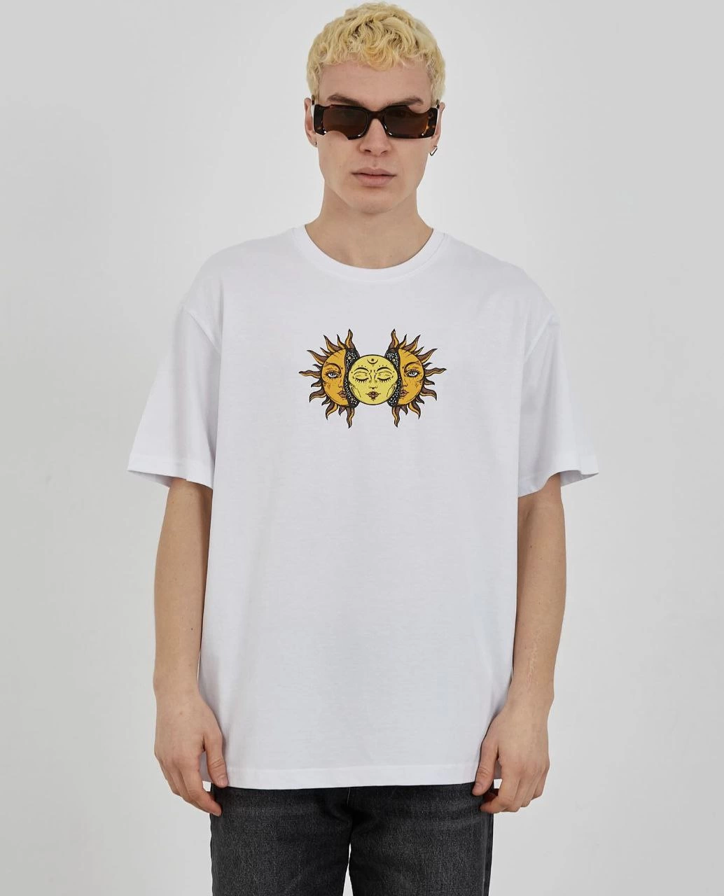 Bisiklet Yaka Baskılı Oversize T-Shirt - Beyaz -