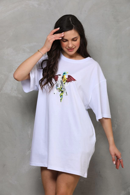 Bisiklet Yaka Baskılı Oversize T-Shirt - Beyaz -
