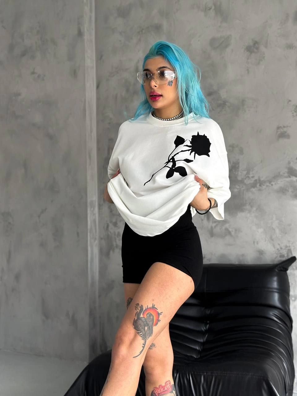 Bisiklet Yaka Baskılı Oversize T-Shirt - Beyaz -