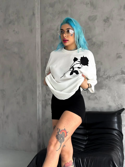 Bisiklet Yaka Baskılı Oversize T-Shirt - Beyaz -