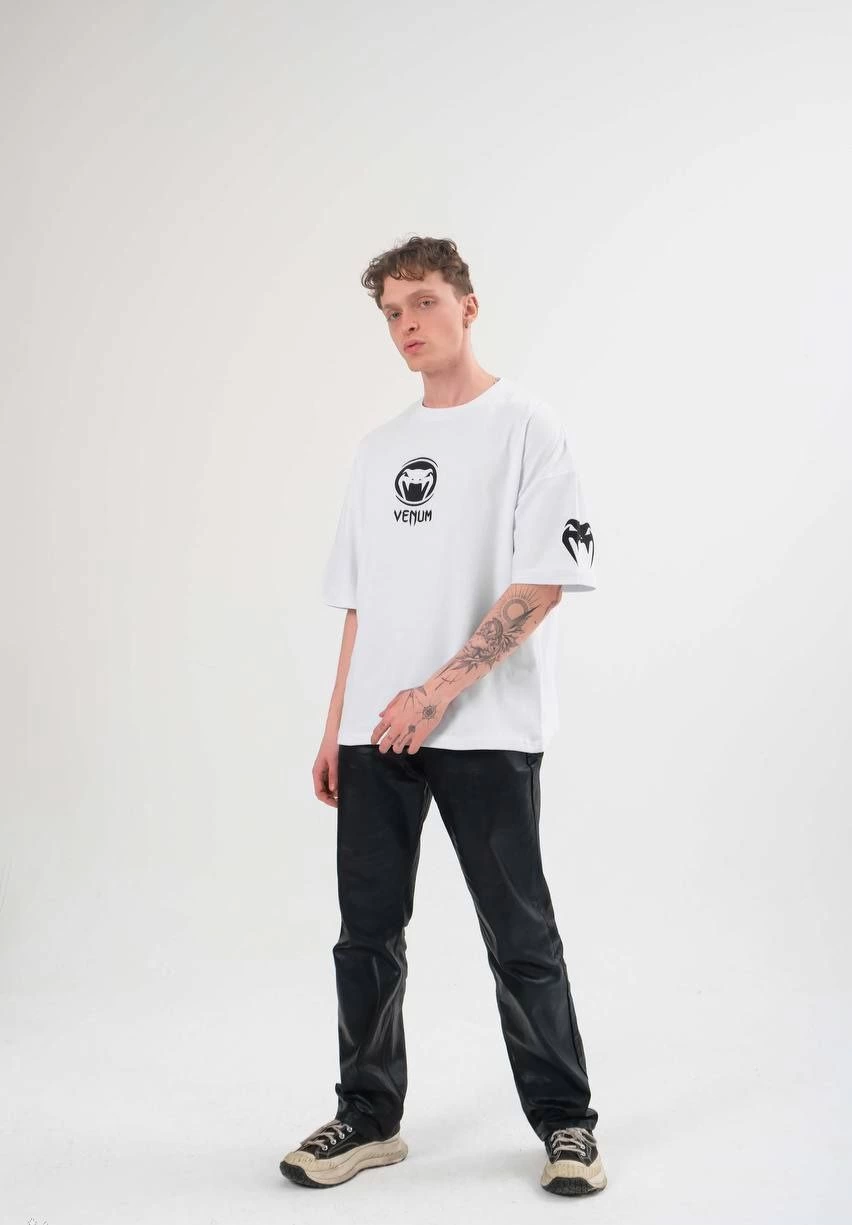 Bisiklet Yaka Baskılı Oversize T-Shirt - Beyaz -