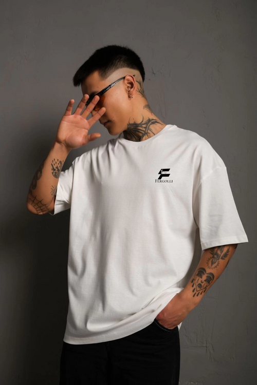 Bisiklet Yaka Baskılı Oversize T-Shirt - Beyaz -