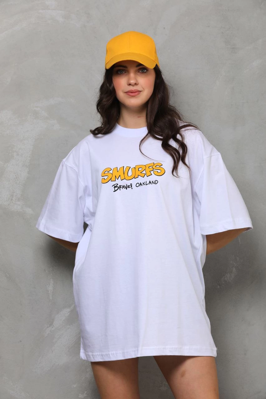 Bisiklet Yaka Baskılı Oversize T-Shirt - Beyaz -