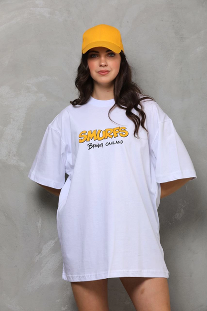 Bisiklet Yaka Baskılı Oversize T-Shirt - Beyaz -
