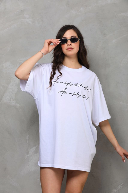Bisiklet Yaka Baskılı Oversize T-Shirt - Beyaz