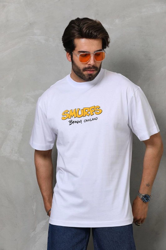Bisiklet Yaka Baskılı Oversize T-Shirt - Beyaz -