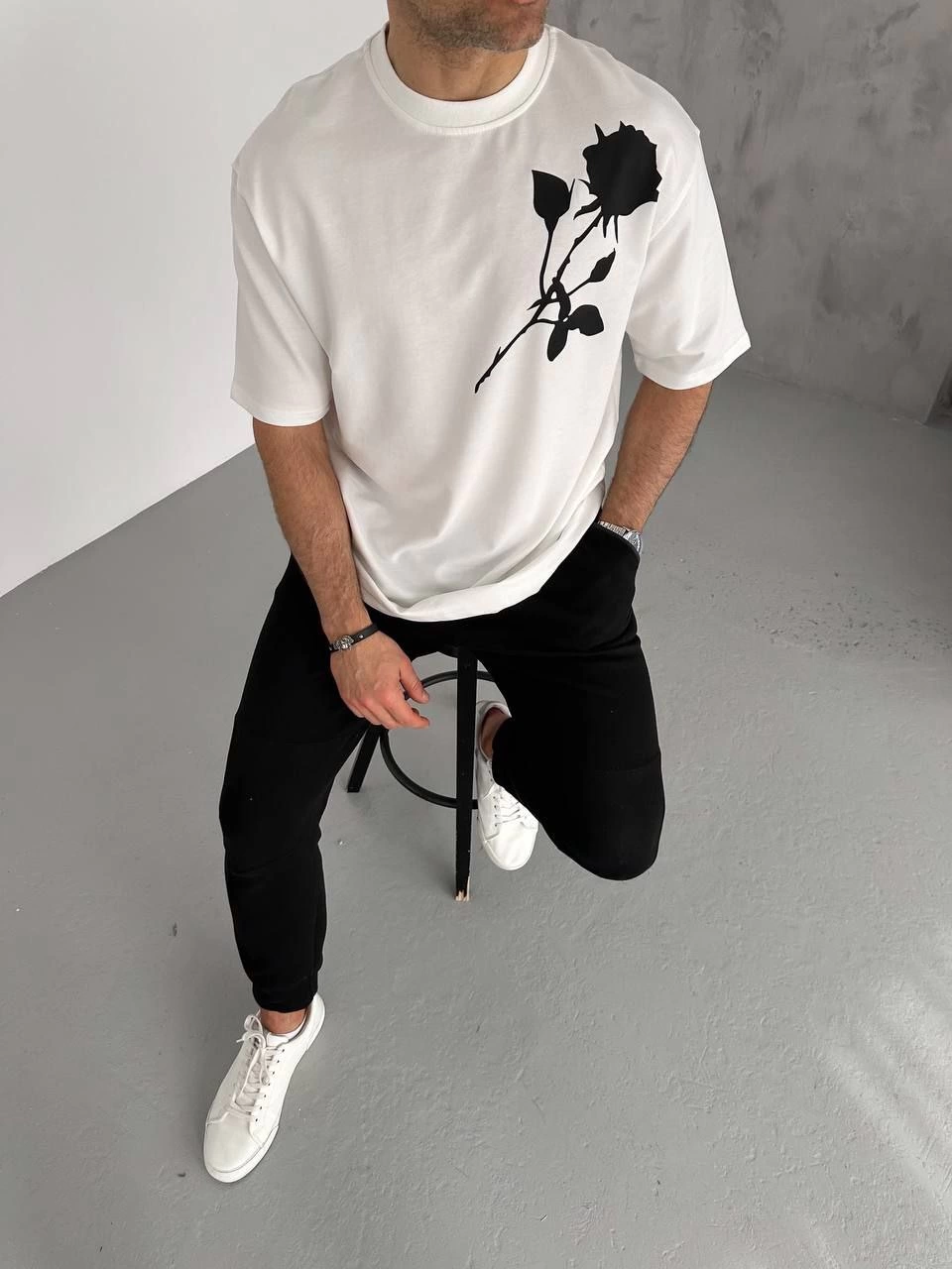 Bisiklet Yaka Baskılı Oversize T-Shirt - Beyaz -