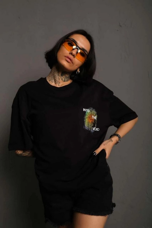 Bisiklet Yaka Baskılı Oversize T-Shirt - Siyah -