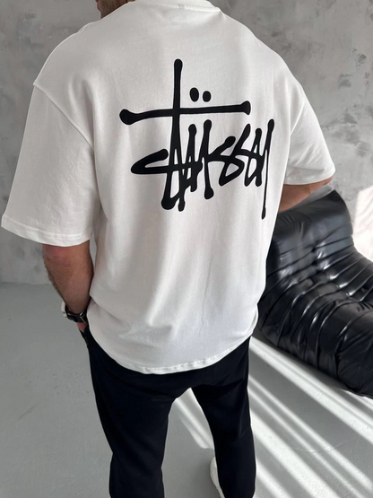 Bisiklet Yaka Baskılı Oversize T-Shirt - Beyaz -