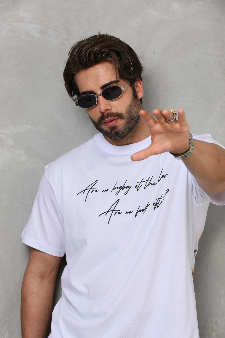 Bisiklet Yaka Baskılı Oversize T-Shirt - Beyaz