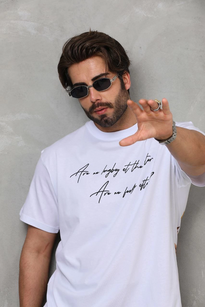 Bisiklet Yaka Baskılı Oversize T-Shirt - Beyaz