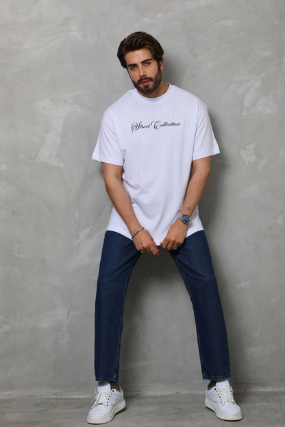 Bisiklet Yaka Baskılı Oversize T-Shirt - Beyaz