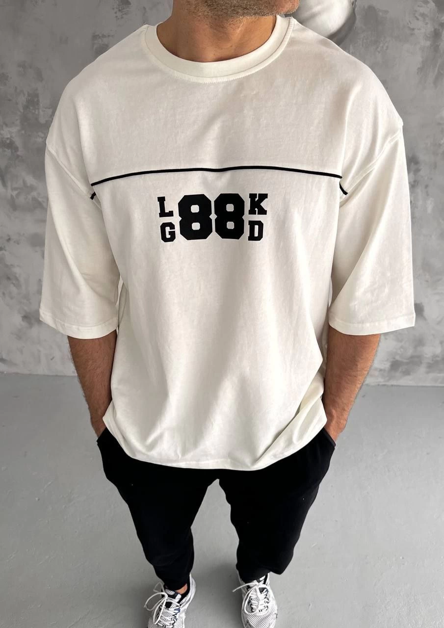 Bisiklet Yaka Baskılı Oversize T-Shirt - Beyaz