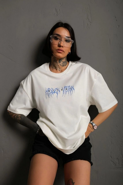 Bisiklet Yaka Baskılı Oversize T-Shirt - Beyaz -