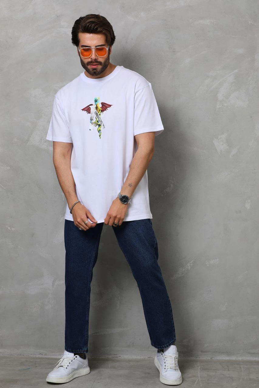 Bisiklet Yaka Baskılı Oversize T-Shirt - Beyaz -