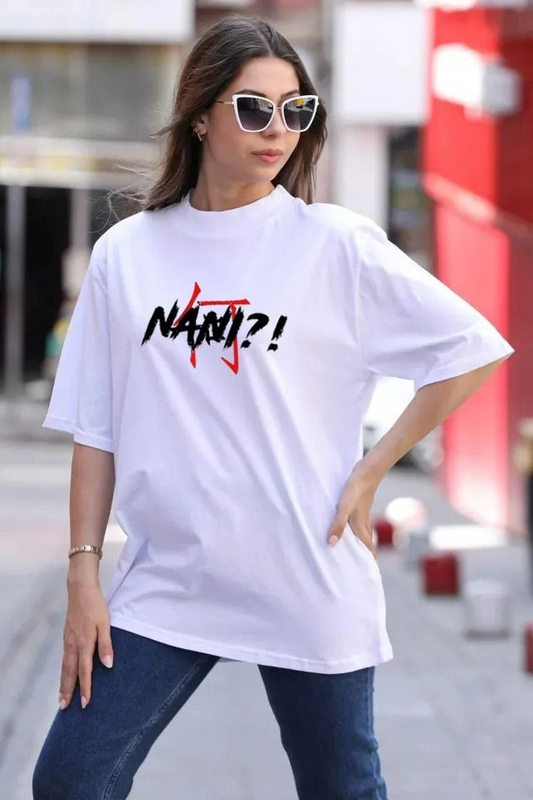 Bisiklet Yaka Baskılı Oversize T-Shirt - Beyaz -