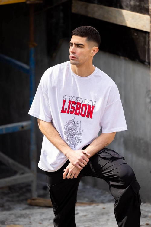 Bisiklet Yaka Baskılı Oversize T-Shirt - Beyaz -