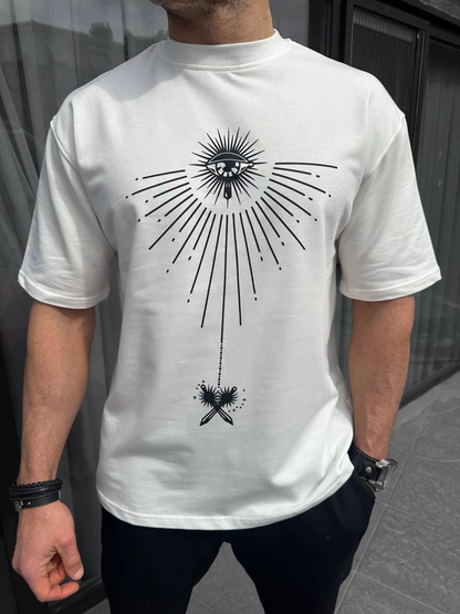Bisiklet Yaka Baskılı Oversize T-Shirt - Beyaz -