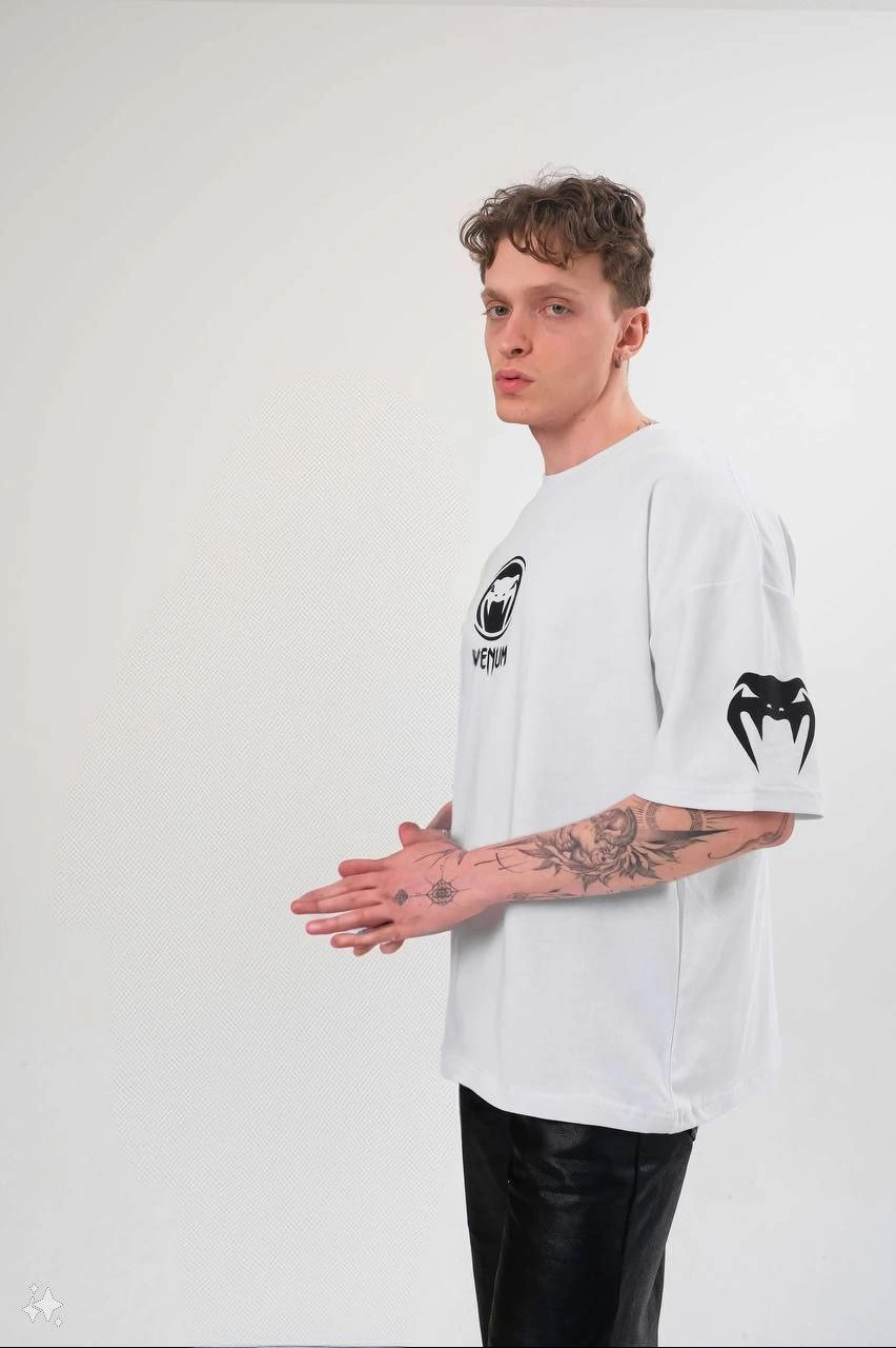 Bisiklet Yaka Baskılı Oversize T-Shirt - Beyaz -