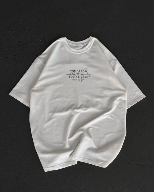 Bisiklet Yaka Baskılı Oversize T-Shirt - Beyaz