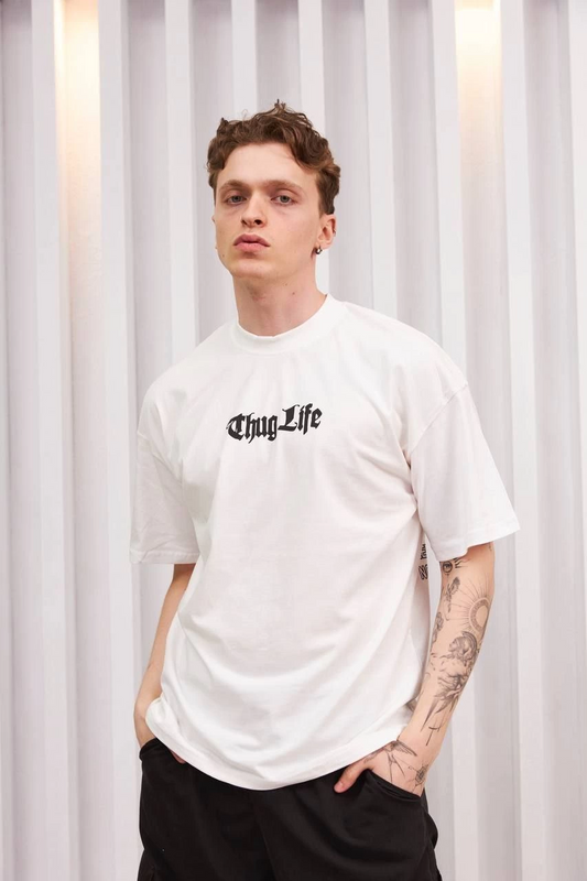 Bisiklet Yaka Baskılı Oversize T-Shirt - Beyaz -