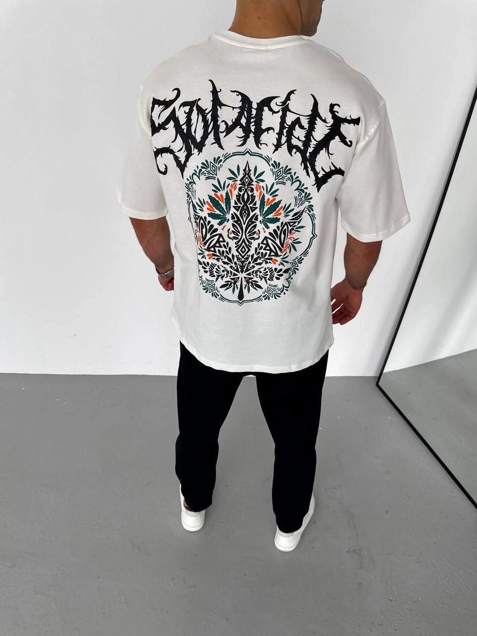 Bisiklet Yaka Baskılı Oversize T-Shirt - Beyaz -
