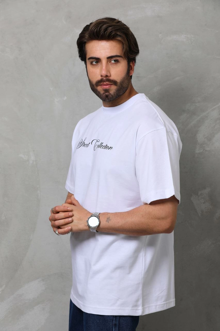 Bisiklet Yaka Baskılı Oversize T-Shirt - Beyaz