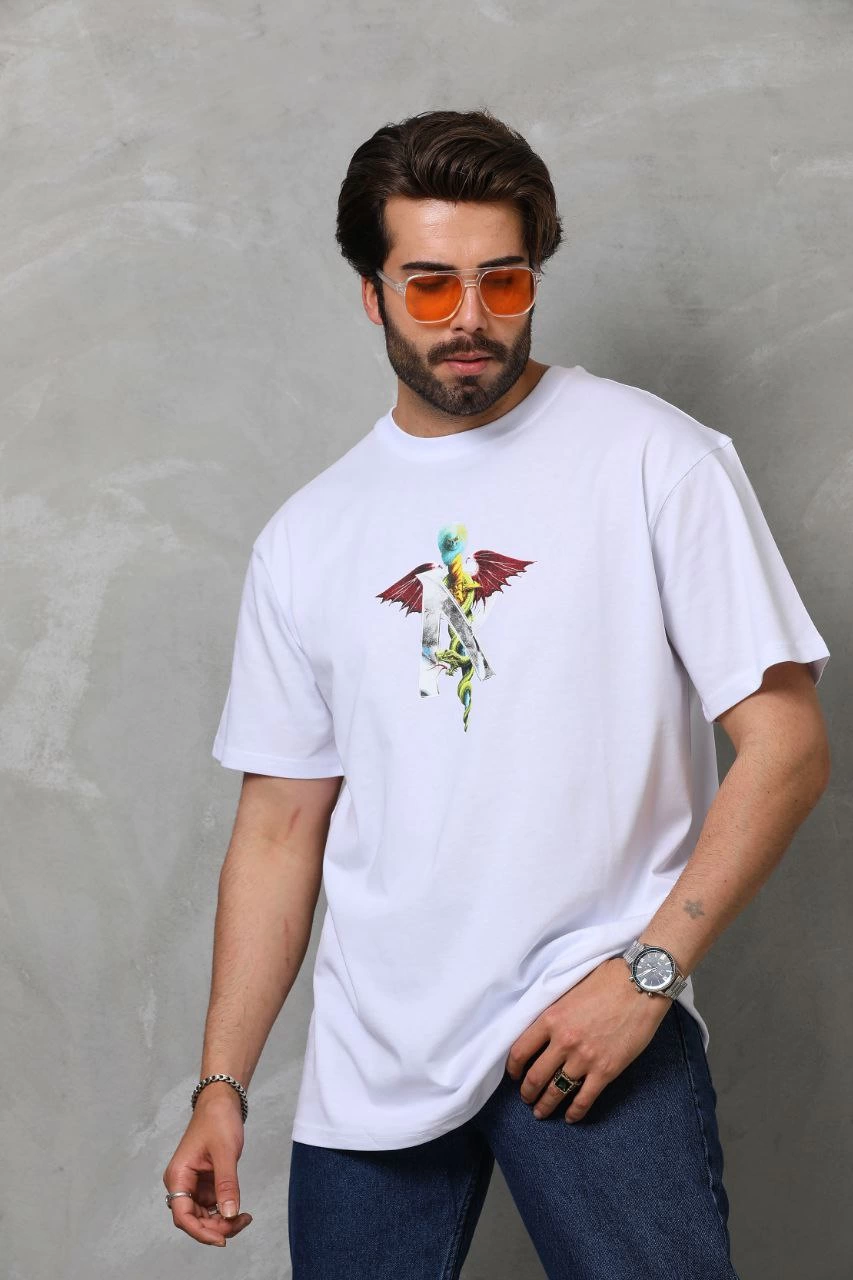 Bisiklet Yaka Baskılı Oversize T-Shirt - Beyaz -