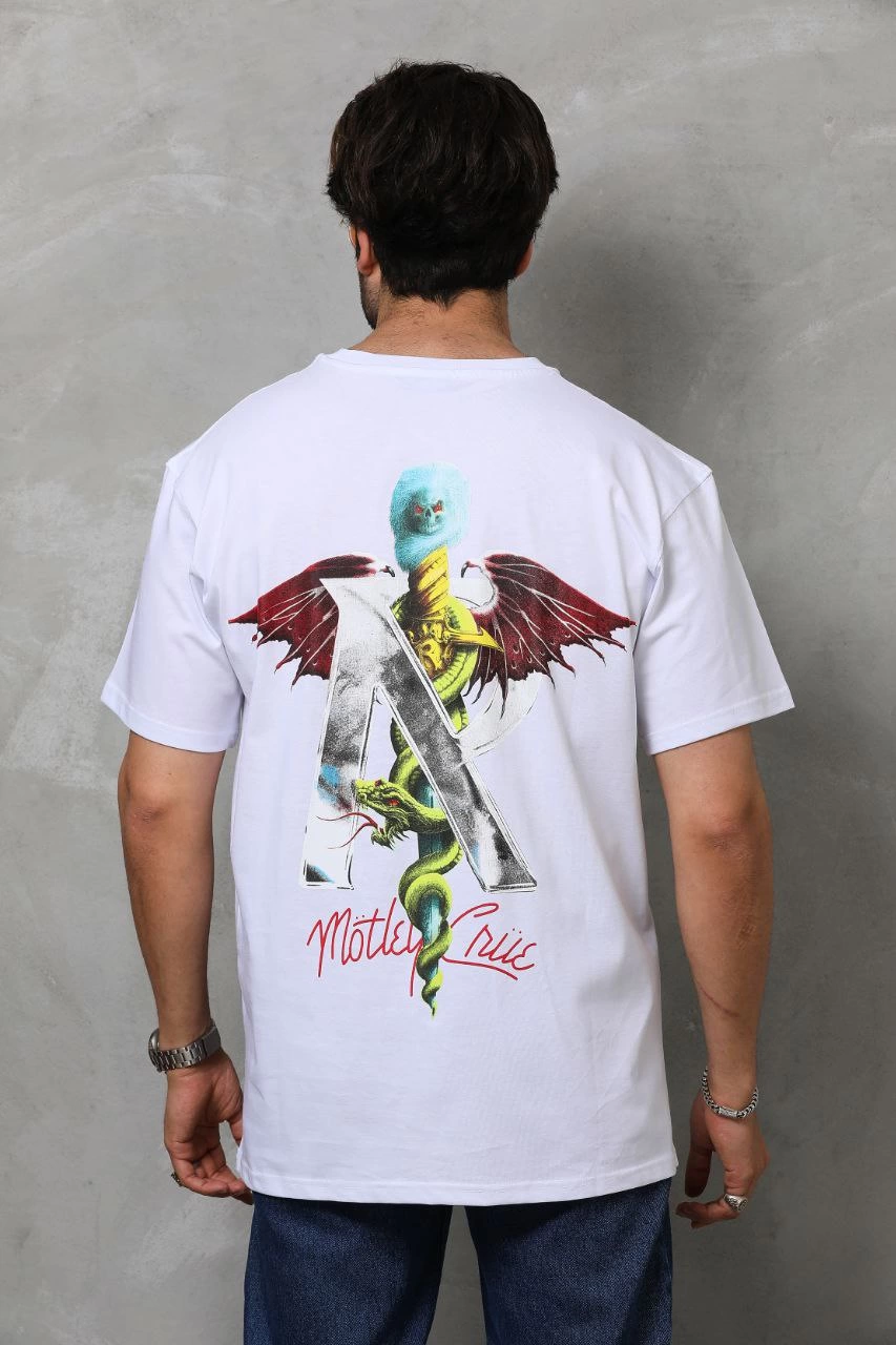 Bisiklet Yaka Baskılı Oversize T-Shirt - Beyaz -