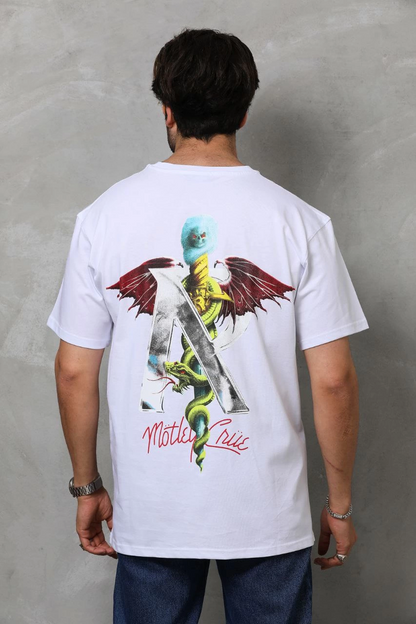 Bisiklet Yaka Baskılı Oversize T-Shirt - Beyaz -