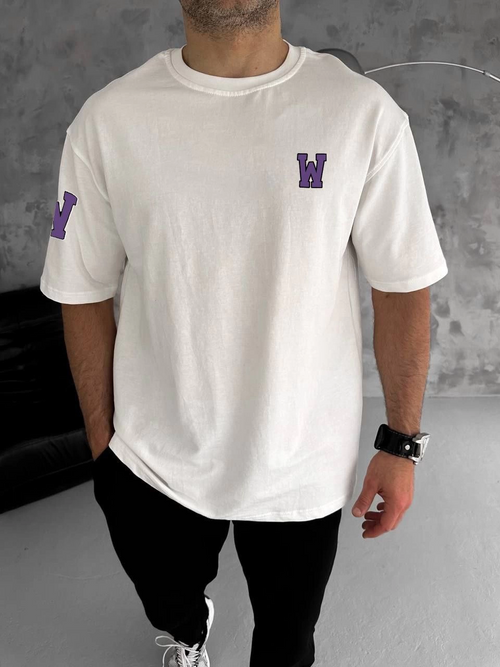 Bisiklet Yaka Baskılı Oversize T-Shirt - Beyaz