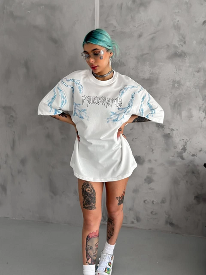 Bisiklet Yaka Baskılı Oversize T-Shirt - Beyaz