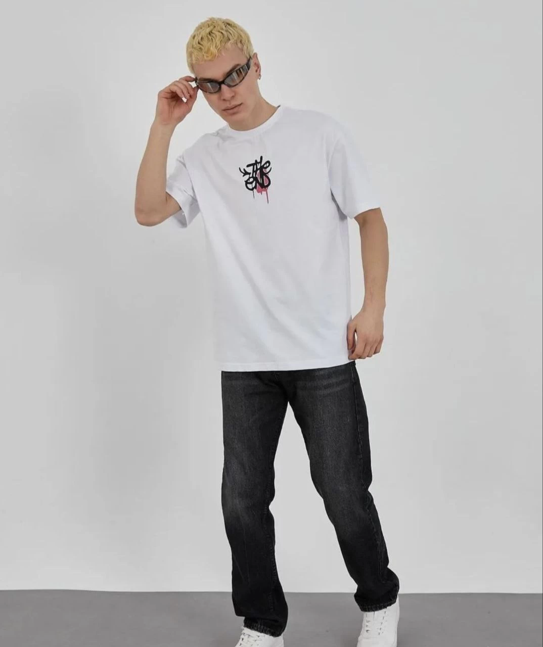Bisiklet Yaka Baskılı Oversize T-Shirt - Beyaz