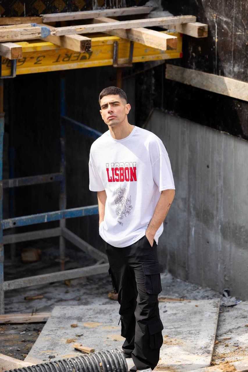 Bisiklet Yaka Baskılı Oversize T-Shirt - Beyaz -